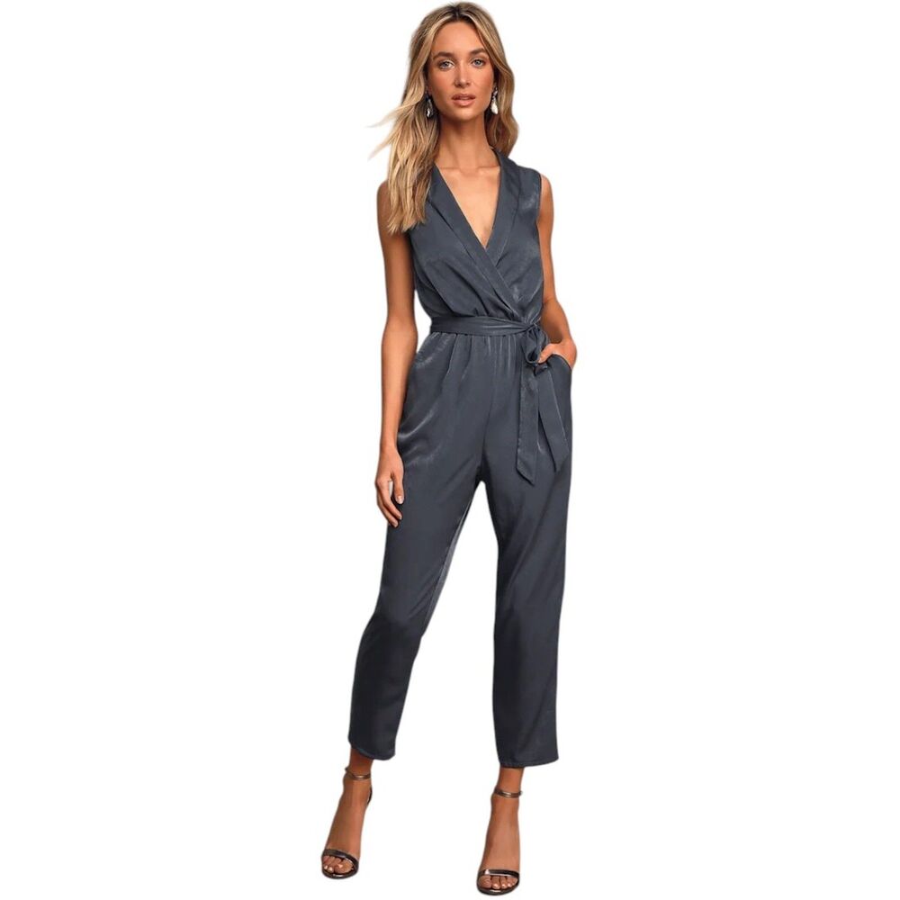 LULUS Love Like That Navy Blue Plunging Satin Sleeveless Tie Waist Jumpsuit Sz S